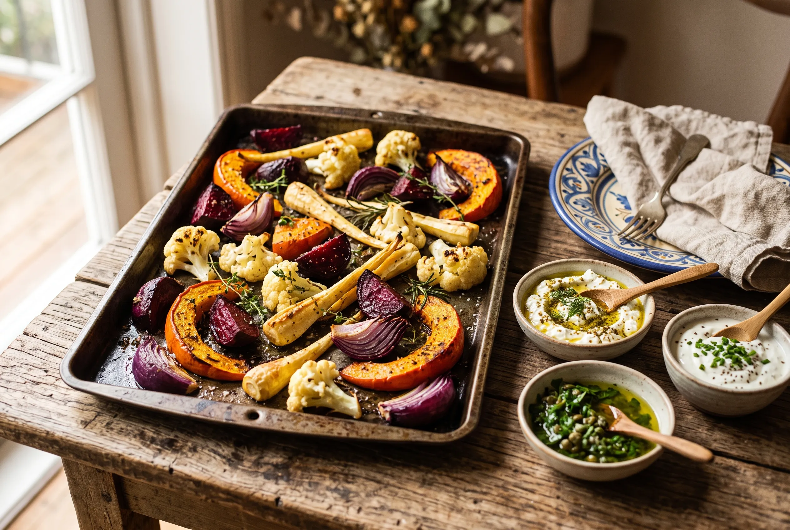 Blech mit geröstetem Herbstgemüse und drei kleinen Schälchen Dip daneben