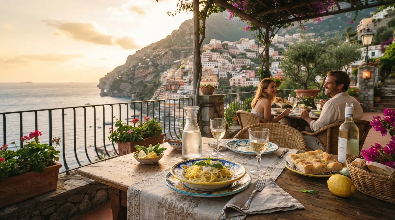 Gedeckter Tisch auf einer Terrasse über der Amalfiküste mit Blick auf Positano