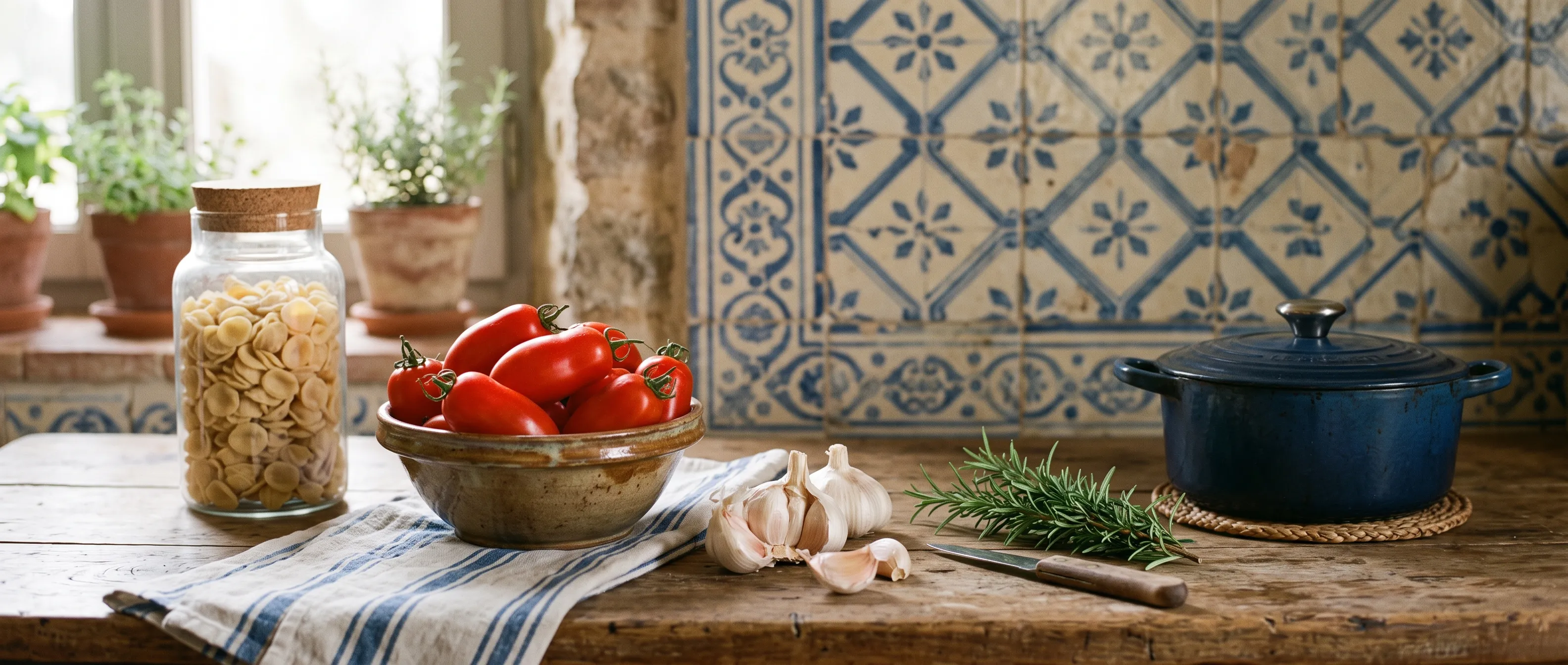Rustikale italienische Küche mit Pasta im Glas, San-Marzano-Tomaten, Knoblauch und blau-weißen Fliesen