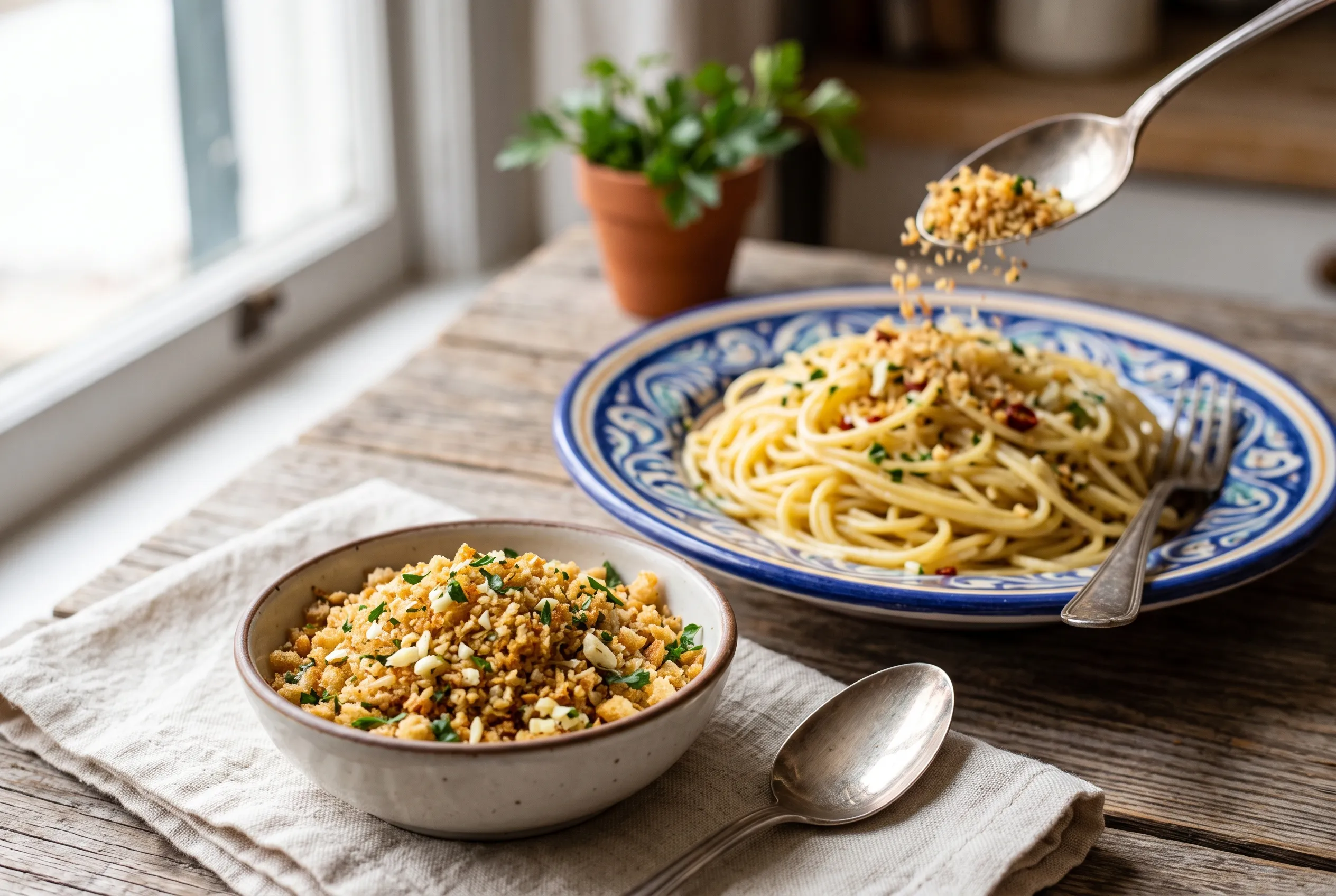 Schälchen mit goldenen gerösteten Semmelbröseln (Pangrattato) neben einem Teller Spaghetti