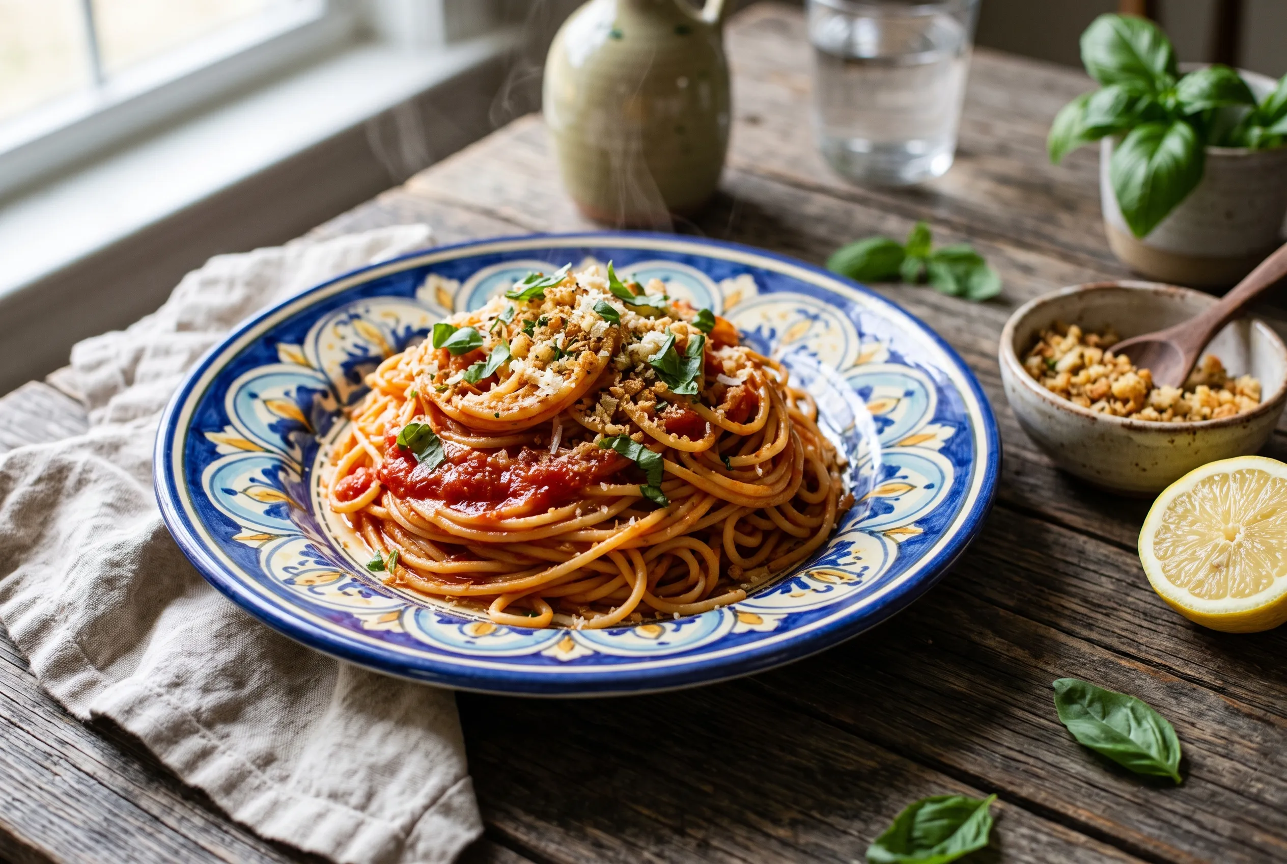 Teller Spaghetti mit rotem Tomatensugo, geröstetem Pangrattato und Basilikum