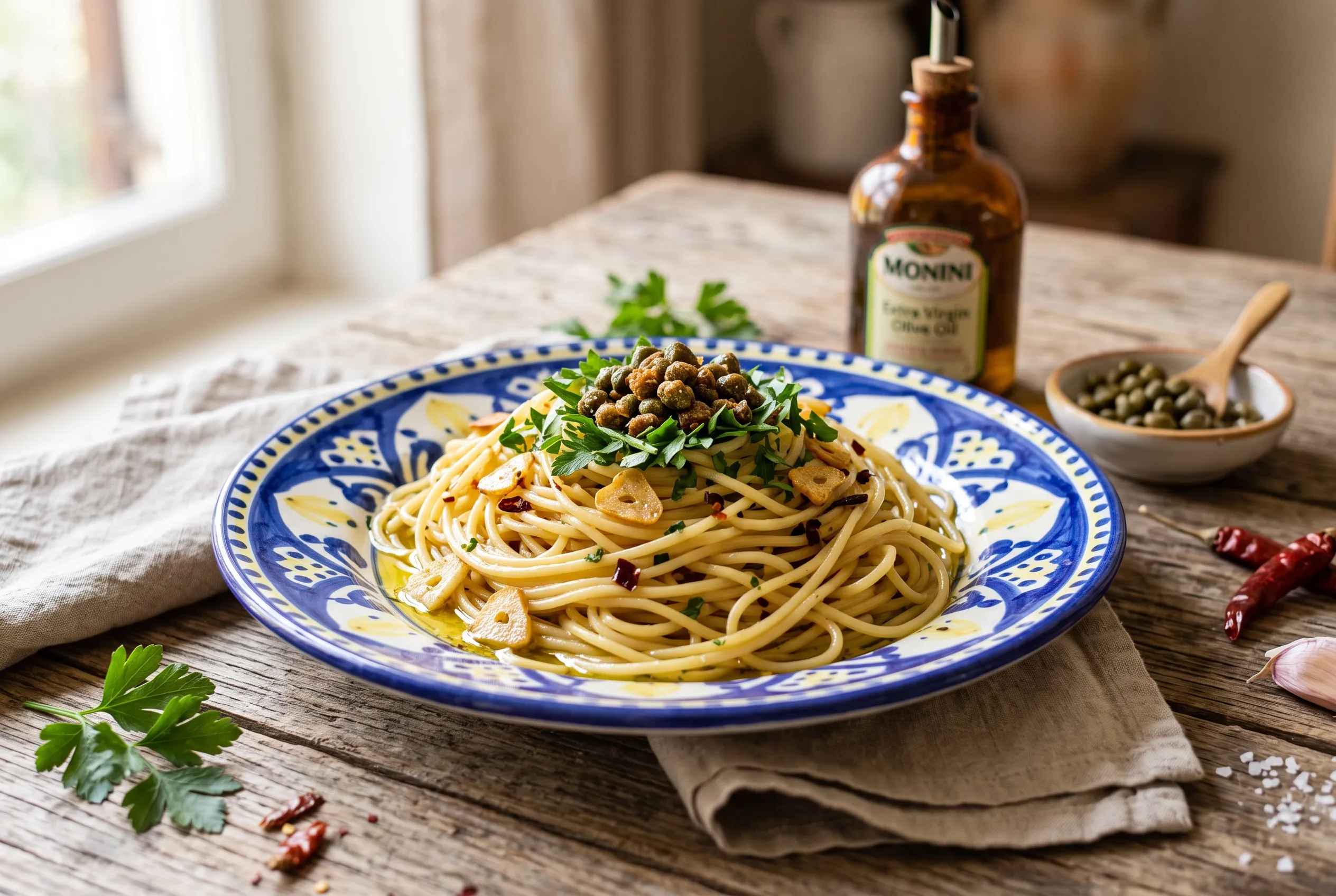 Teller Spaghetti Aglio e Olio mit goldenen Knoblauchscheiben, Chili und knusprigen Kapern