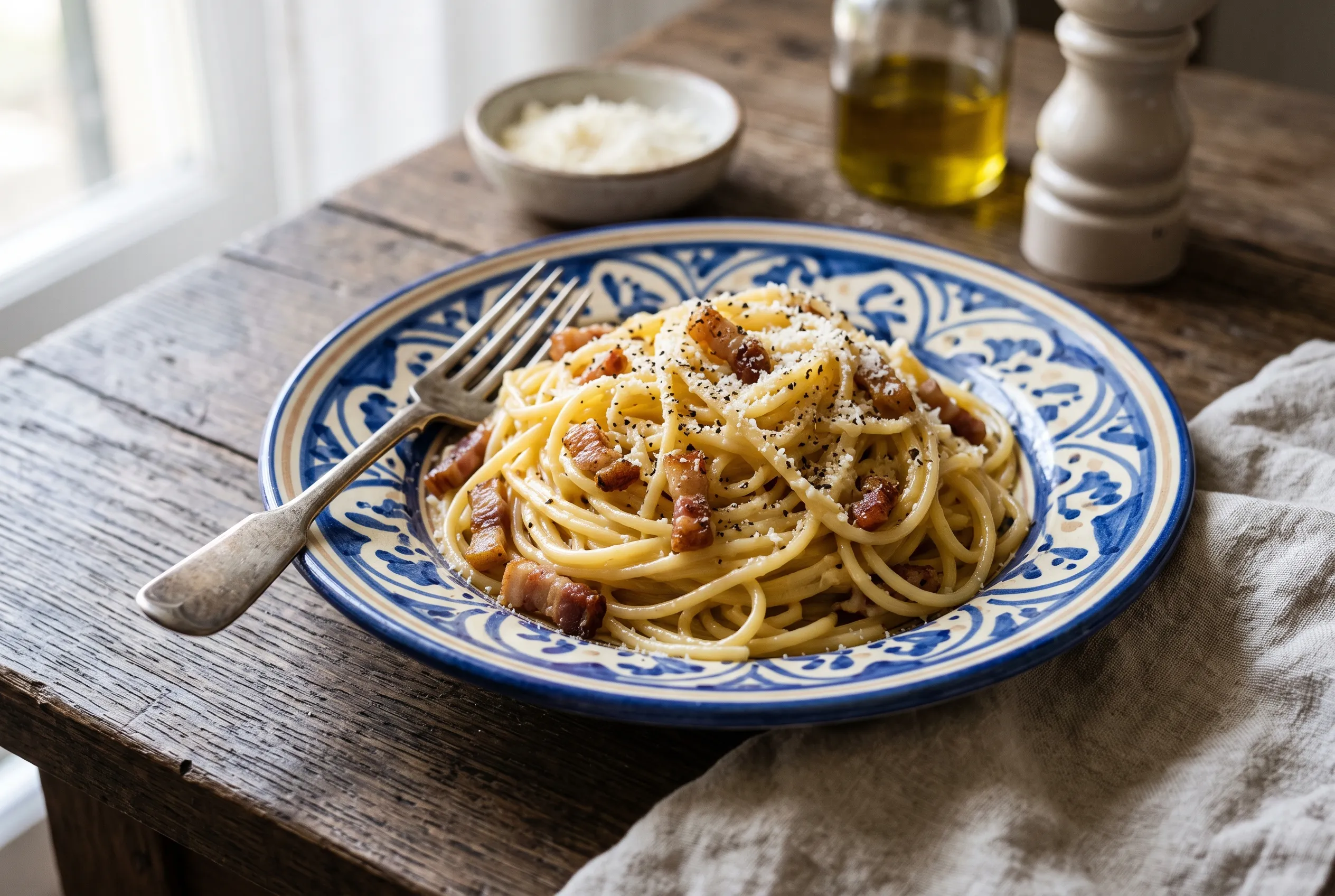 Teller Spaghetti alla Carbonara mit knusprigem Guanciale, Pecorino und schwarzem Pfeffer